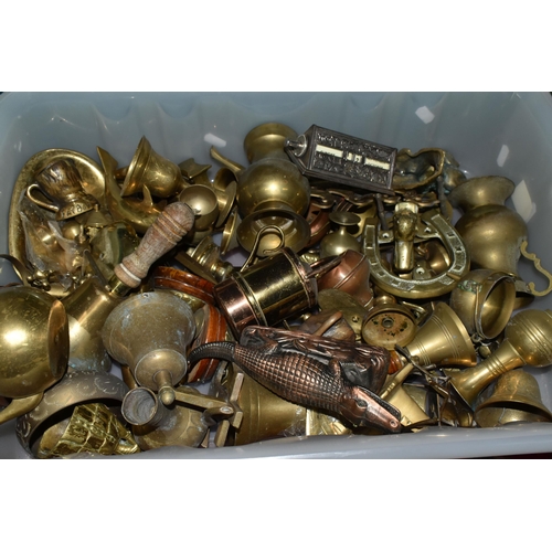 365 - FOUR BOXES OF BRASS AND METALWARE, to include copper planters, copper coal scuttle, brass bells and ... 