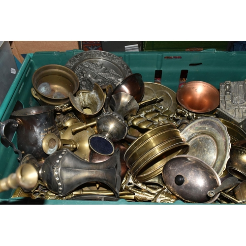 365 - FOUR BOXES OF BRASS AND METALWARE, to include copper planters, copper coal scuttle, brass bells and ... 