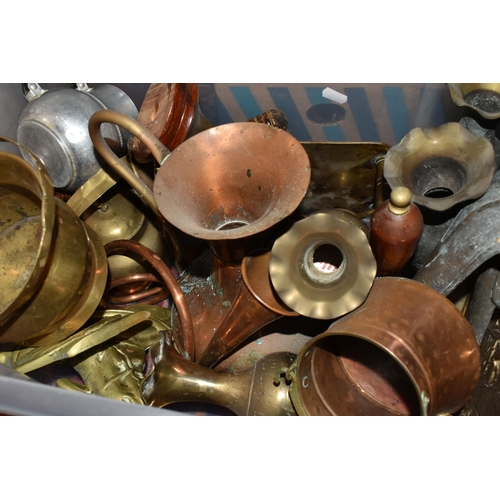 365 - FOUR BOXES OF BRASS AND METALWARE, to include copper planters, copper coal scuttle, brass bells and ... 