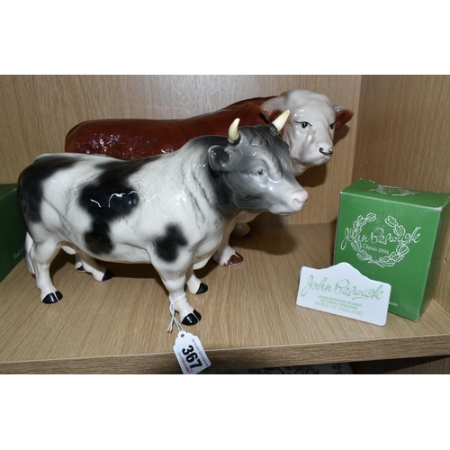 367 - A BESWICK PLAQUE AND TWO MELBA WARE BULL FIGURES, comprising a boxed John Beswick plaque/sign readin... 