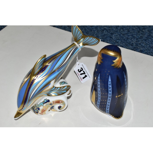 371 - TWO ROYAL CROWN DERBY PAPERWEIGHTS, comprising Striped Dolphin and Rockhopper Penguin, each with a g... 