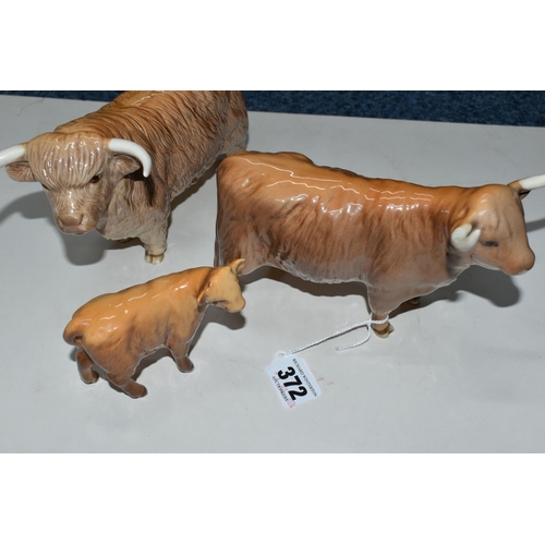 372 - THREE BESWICK FIGURES OF HIGHLAND CATTLE, comprising Highland Bull model no 2008, Highland Cow no 17... 