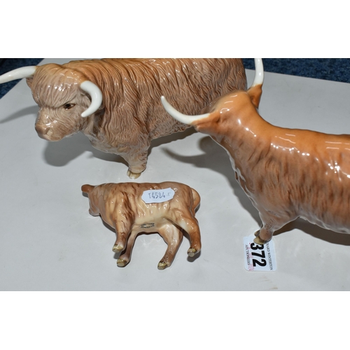 372 - THREE BESWICK FIGURES OF HIGHLAND CATTLE, comprising Highland Bull model no 2008, Highland Cow no 17... 