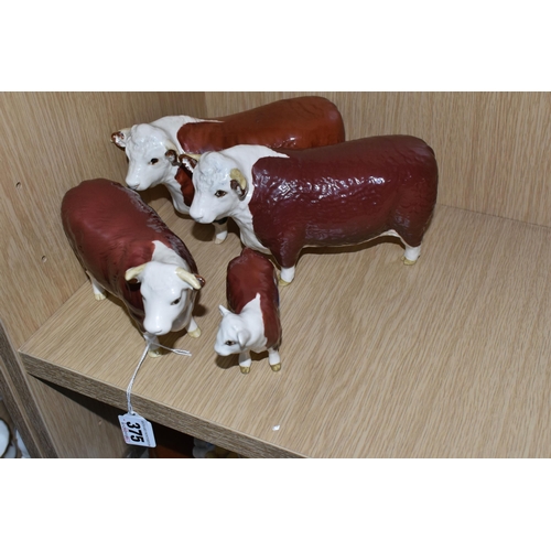 375 - FOUR BESWICK FIGURES OF HEREFORD CATTLE, all in brown and white gloss finish, comprising Hereford Bu... 