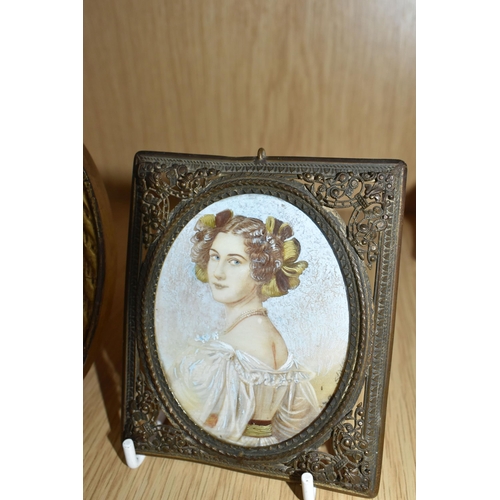 380 - TWO FRAMED MINIATURE PORTRAITS, comprising a gilt metal framed portrait miniature of Auguste Strobel... 