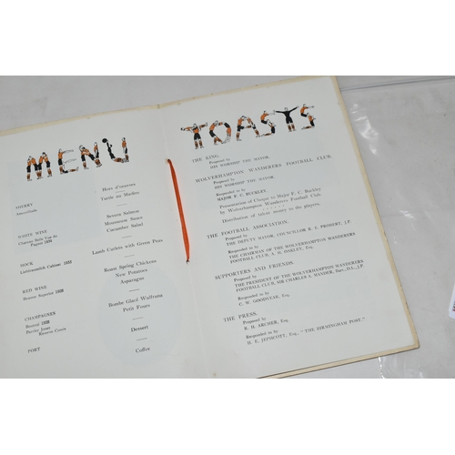 384 - A 1939 WOLVERHAMPTON WANDERERS FOOTBALL CLUB SIGNED BANQUET MENU, comprising a complimentary banquet... 