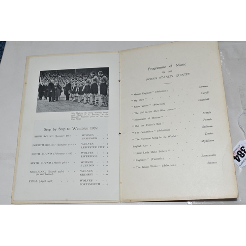 384 - A 1939 WOLVERHAMPTON WANDERERS FOOTBALL CLUB SIGNED BANQUET MENU, comprising a complimentary banquet... 