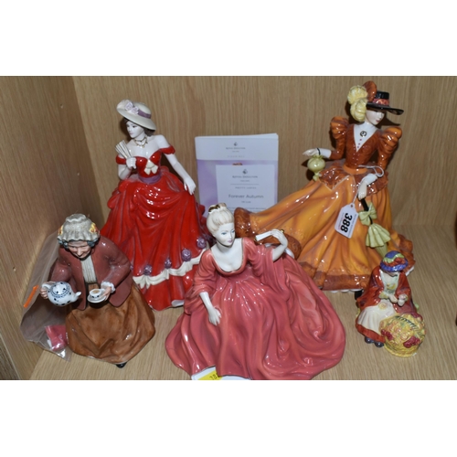 388 - A GROUP OF PORCELAIN FIGURINES, comprising a Royal Doulton 'Forever Autumn' HN5108,   'Teatime' HN22... 