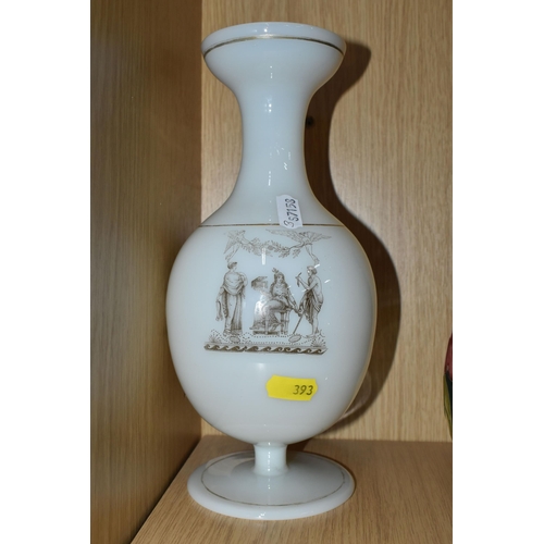 393 - A MOORCROFT POTTERY 'HIBISCUS' PATTERN LAMP BASE, together with a transfer printed milk glass vase, ... 