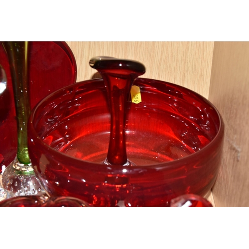 396 - A GROUP OF GLASSWARE, comprising a Whitefriars ruby cased Molar bowl of lobed form, with controlled ... 