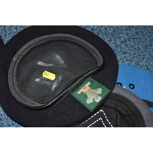 398 - MILITARY HEADDRESS AND BUTTONS, comprising a black beret with Regiment of Wales cloth badge, black s... 