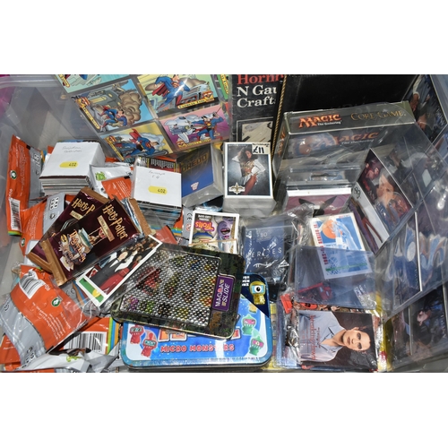 402 - FIVE BOXES OF COLLECTORS CARDS, STICKERS, ETC, collectors cards include Michael Kaluta series 2 fant... 