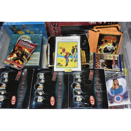 402 - FIVE BOXES OF COLLECTORS CARDS, STICKERS, ETC, collectors cards include Michael Kaluta series 2 fant... 