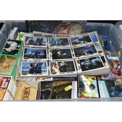 402 - FIVE BOXES OF COLLECTORS CARDS, STICKERS, ETC, collectors cards include Michael Kaluta series 2 fant... 