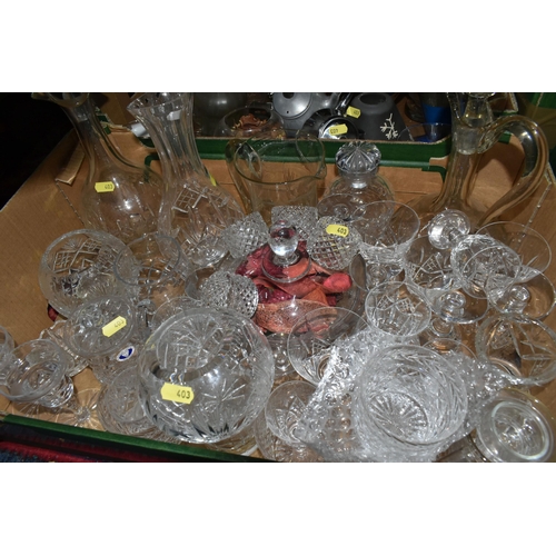 403 - FOUR BOXES OF GLASSWARE AND STAINLESS STEEL, to include Poltar crystal wine glasses, Tutbury Crystal... 