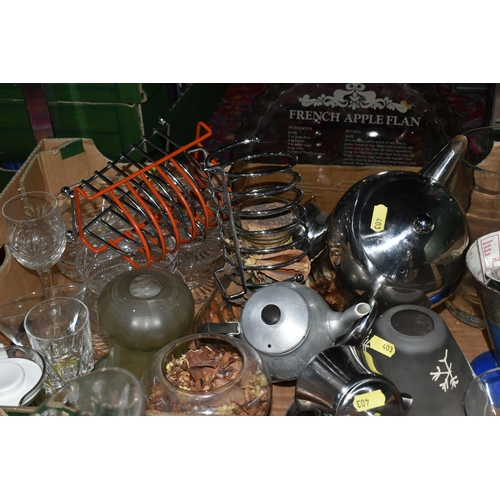 403 - FOUR BOXES OF GLASSWARE AND STAINLESS STEEL, to include Poltar crystal wine glasses, Tutbury Crystal... 