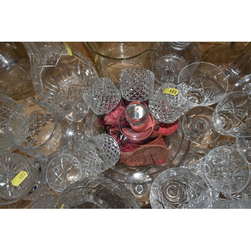 403 - FOUR BOXES OF GLASSWARE AND STAINLESS STEEL, to include Poltar crystal wine glasses, Tutbury Crystal... 