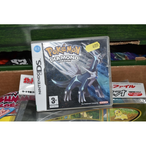 405 - TWO BOXES OF POKEMON CARDS AND MERCHANDISE, includes Pokémon Diamond (DS, boxed) and a sealed Neo Pr... 