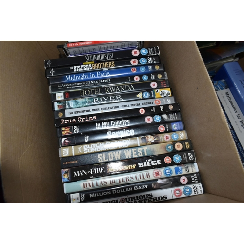 407 - FIVE BOXES OF BOOKS AND DVDS, books to include subjects on education, hobbies, music, five Winnie th... 