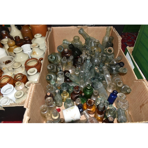 408 - THREE BOXES OF BOTTLES AND JARS, of various ages, largely late nineteenth/early twentieth century, t... 