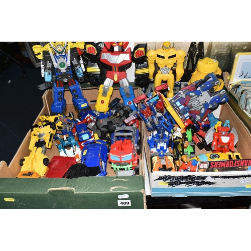 409 - TWO BOXES AND LOOSE TRANSFORMERS ACTION FIGURES AND POWER RANGERS, to include, 'Protect Transformers... 