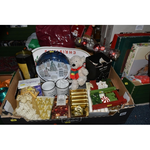 411 - FIVE BOXES AND LOOSE CHRISTMAS DECORATIONS, to include approximately ten sets of lights not tested a... 