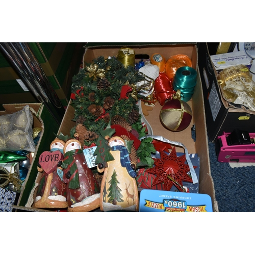 411 - FIVE BOXES AND LOOSE CHRISTMAS DECORATIONS, to include approximately ten sets of lights not tested a... 
