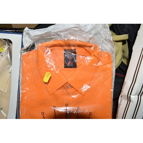 412 - SEVEN BOXES AND LOOSE VINTAGE CLOTHING, to include four 1970's boxed men's shirts, UK size 15.5'', a... 
