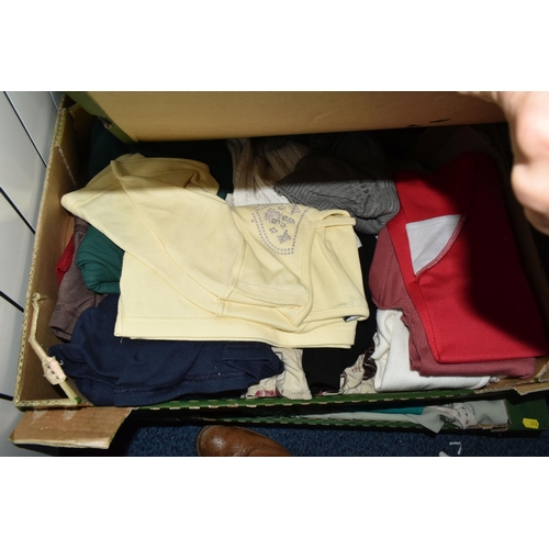 414 - SEVEN BOXES AND LOOSE LADIES CLOTHING, HANDBAGS AND ACCESSORIES, to include handbags, jackets, dress... 