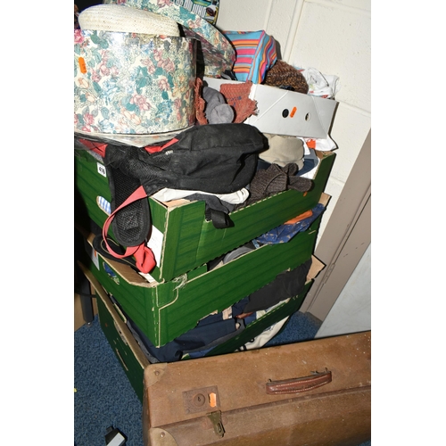 416 - FIVE BOXES AND LOOSE CLOTHING AND ACCESSORIES, including a hat box with sevens men's hats in, approx... 