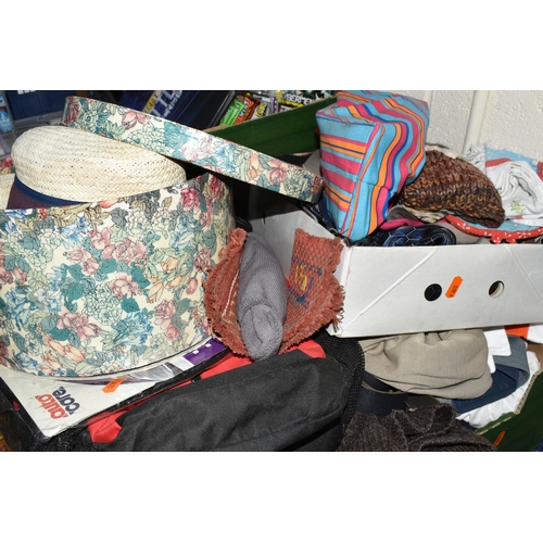 416 - FIVE BOXES AND LOOSE CLOTHING AND ACCESSORIES, including a hat box with sevens men's hats in, approx... 