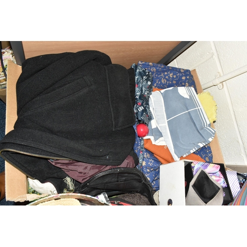 416 - FIVE BOXES AND LOOSE CLOTHING AND ACCESSORIES, including a hat box with sevens men's hats in, approx... 