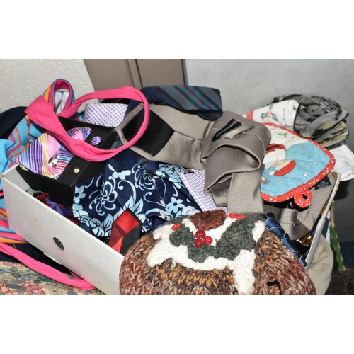 416 - FIVE BOXES AND LOOSE CLOTHING AND ACCESSORIES, including a hat box with sevens men's hats in, approx... 