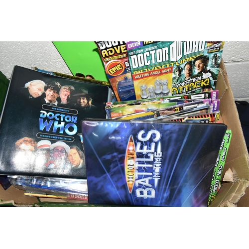 417 - FOUR BOXES OF DR WHO TRADE CARDS AND MERCHANDISE, to include sealed collectors playing cards, two bo... 