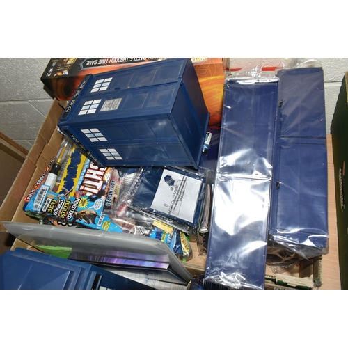 417 - FOUR BOXES OF DR WHO TRADE CARDS AND MERCHANDISE, to include sealed collectors playing cards, two bo... 