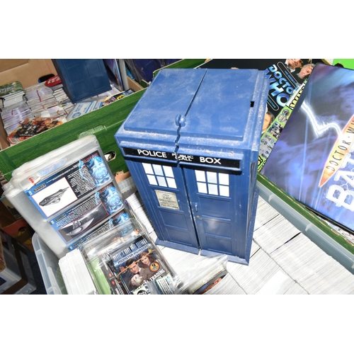 417 - FOUR BOXES OF DR WHO TRADE CARDS AND MERCHANDISE, to include sealed collectors playing cards, two bo... 