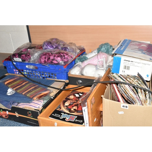 418 - FOUR BOXES AND LOOSE NEEDLECRAFT, to include, two large boxes of wool to include King Cole Galaxy, S... 