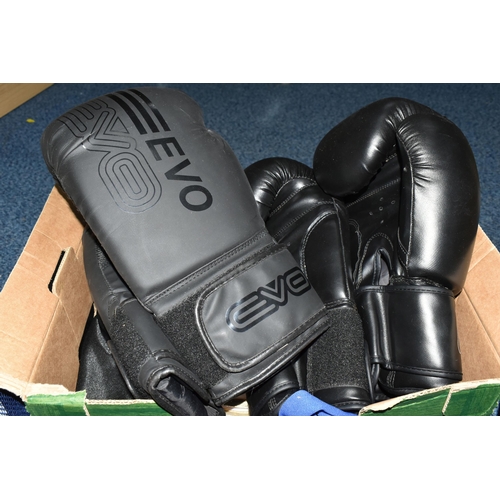 430 - ONE BOX AND LOOSE BOXING EQUIPMENT to include a pair of EVo 16oz gloves, a pair of WCB 16oz gloves, ... 