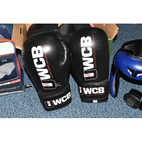 430 - ONE BOX AND LOOSE BOXING EQUIPMENT to include a pair of EVo 16oz gloves, a pair of WCB 16oz gloves, ... 