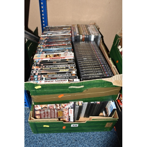 435 - TWO BOXES OF DVDS AND A COMPLETE LORD OF THE RINGS CASSETTE AUDIOBOOK to include approximately forty... 