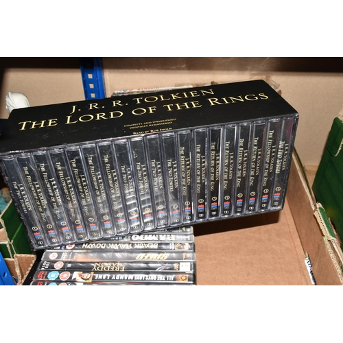 435 - TWO BOXES OF DVDS AND A COMPLETE LORD OF THE RINGS CASSETTE AUDIOBOOK to include approximately forty... 