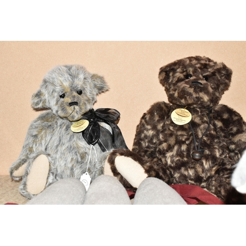 444 - FOUR CHARLIE BEARS AND THREE CHARLIE BEAR PUPPET STANDS to include two 20.5cm knitted Marcel The Mou... 