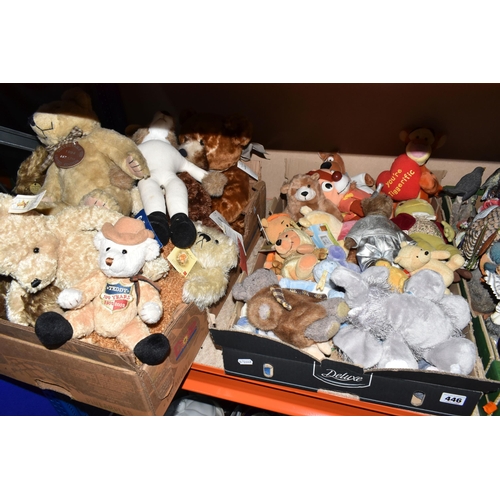 446 - TWO BOXES OF STUFFED AND PLUSH BEARS to include a Bearhouse Kensington bear with swing tag and manuf... 