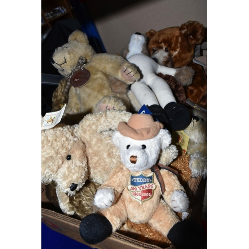 446 - TWO BOXES OF STUFFED AND PLUSH BEARS to include a Bearhouse Kensington bear with swing tag and manuf... 