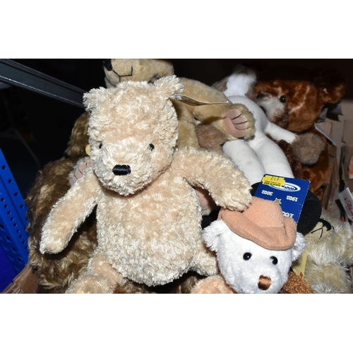 446 - TWO BOXES OF STUFFED AND PLUSH BEARS to include a Bearhouse Kensington bear with swing tag and manuf... 