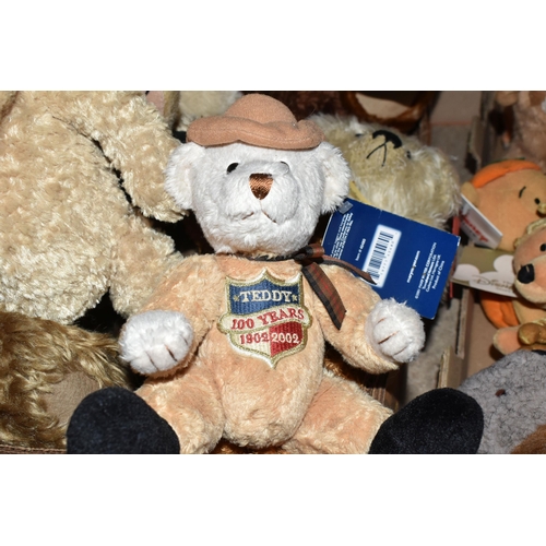 446 - TWO BOXES OF STUFFED AND PLUSH BEARS to include a Bearhouse Kensington bear with swing tag and manuf... 