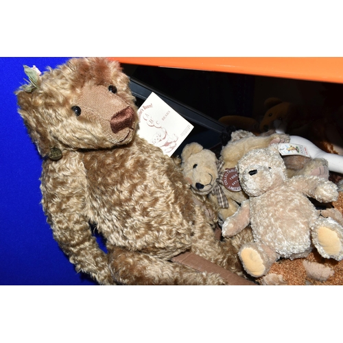 446 - TWO BOXES OF STUFFED AND PLUSH BEARS to include a Bearhouse Kensington bear with swing tag and manuf... 