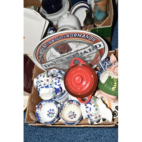 447 - SEVEN BOXES OF CERAMIC KITCHENWARE to include a pair of Le Creuset cobalt patterned mini 8oz cocotte... 