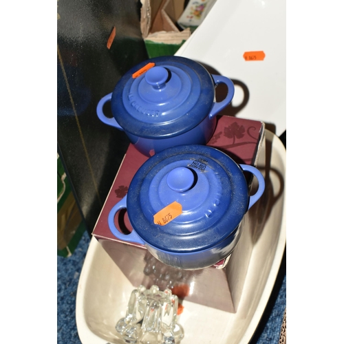 447 - SEVEN BOXES OF CERAMIC KITCHENWARE to include a pair of Le Creuset cobalt patterned mini 8oz cocotte... 