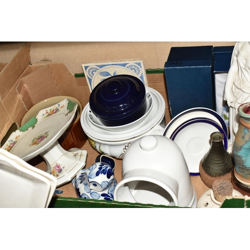 447 - SEVEN BOXES OF CERAMIC KITCHENWARE to include a pair of Le Creuset cobalt patterned mini 8oz cocotte... 